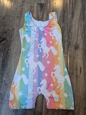 Sparkly Rainbow Unicorn Gymnastics Biketard | Kids Size 7/8 (130)